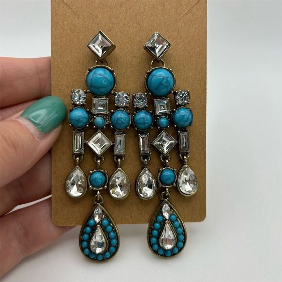 Bohemian Faux Turquoise & Rhinestone Sparkle Dangle Chandelier Earrings Chic - Picture 4 of 8